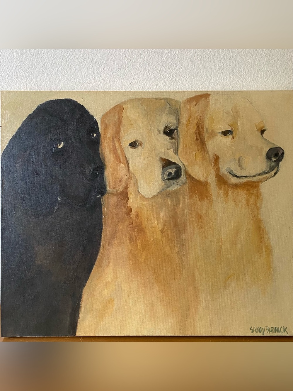 Trio of a Black Lab and 2 Golden Retrievers Original Signed painting
